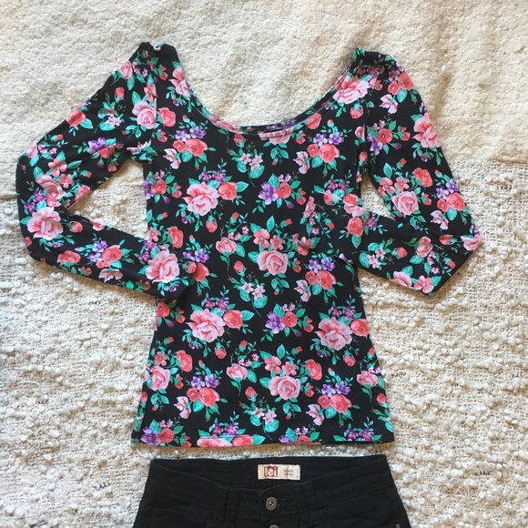Ultra Flirt Tops - Ultra Flirt Black / Pink Floral Long Sleeve Top XS